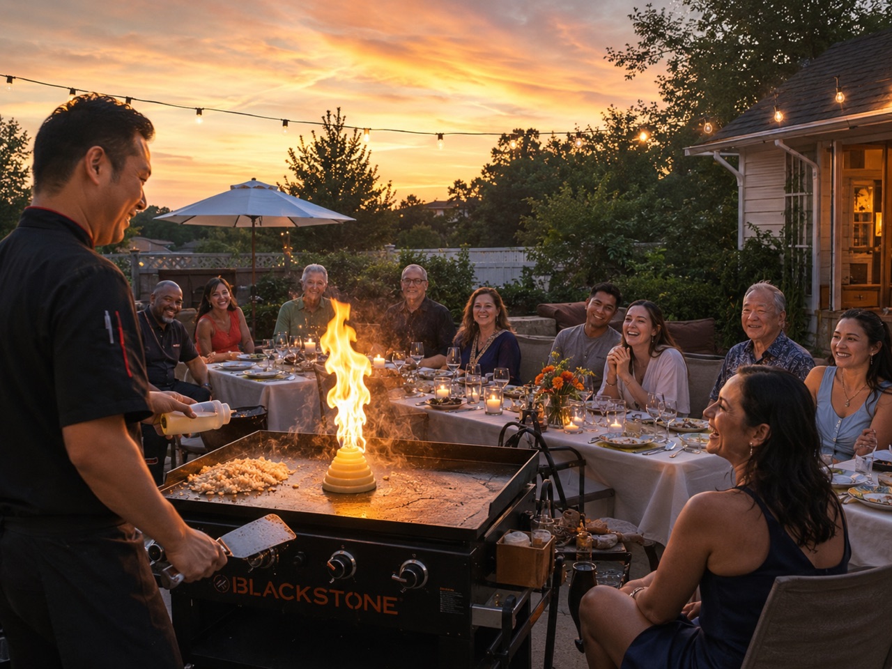 Sunset backyard hibachi dinner party with a Go For Hibachi private chef in Connecticut