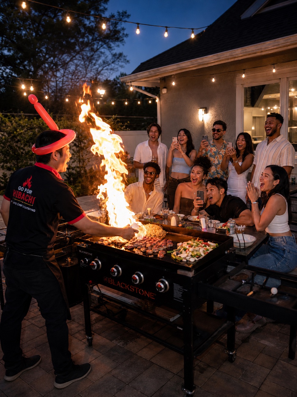 Guest laughing at a poolside backyard hibachi party hosted by a Go For Hibachi private chef