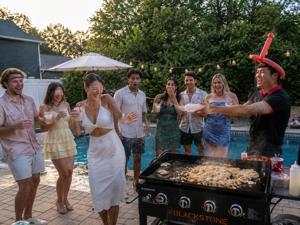 Poolside hibachi party with a Go For Hibachi private chef in Massachusetts