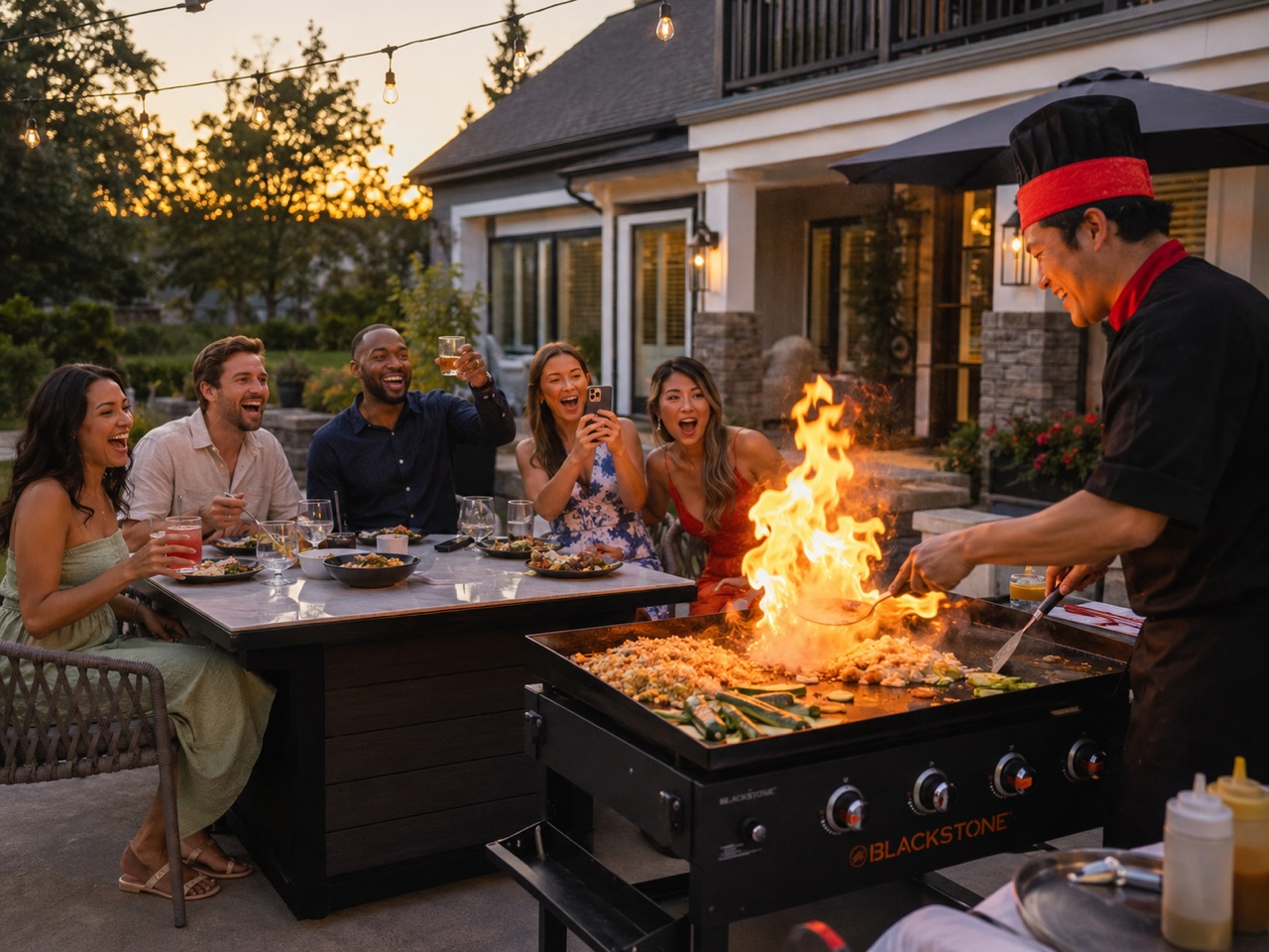 Backyard hibachi fire show at sunset by Go For Hibachi in New Hampshire